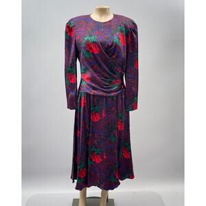 NUIT Petites Vtg 80s Dress Women 8P Colorful Floral 100% Silk A-Line Midi Party